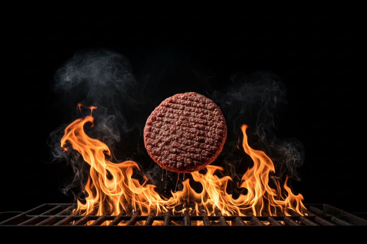 Haz una imagen con carne de hamburguesa que este cayendo hacia la parrilla con un fondo negro y que salga fuego de la parrilla, quiero que sea de fondo negro